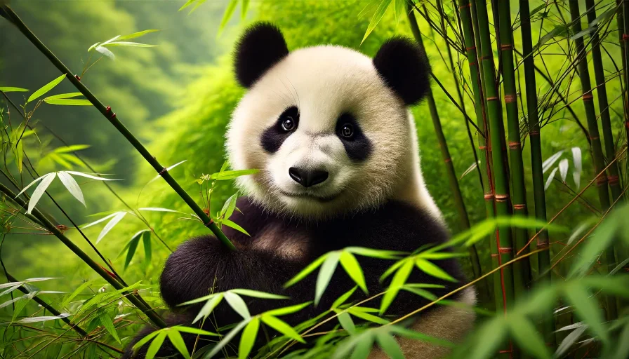 A photo of a panda bear in its natural habitat. Use vivid colors. Shot with a Canon EF 70-200mm f/2.8L IS III USM Lens, ISO 100, 1/500 seat f/2.8.  Create in aspect ratio 16:9.